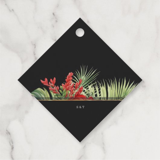 Tropische bloem en bladeren donkere bruiloft dank  bedankjes labels (Achterkant)