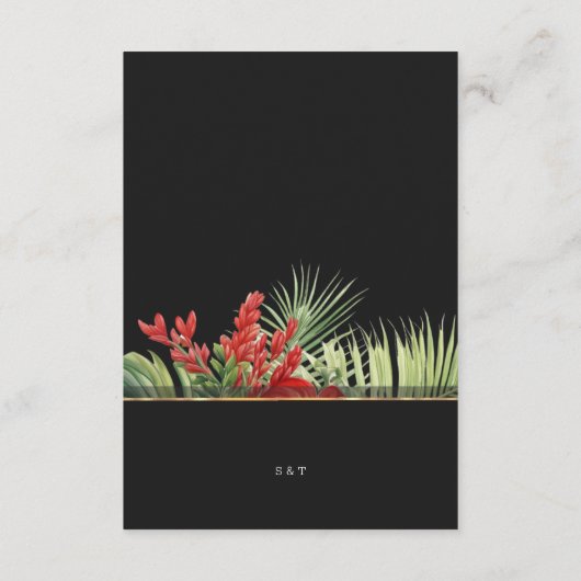 Tropische bloem en bladeren donkere bruiloft detai informatiekaartje (Achterkant)