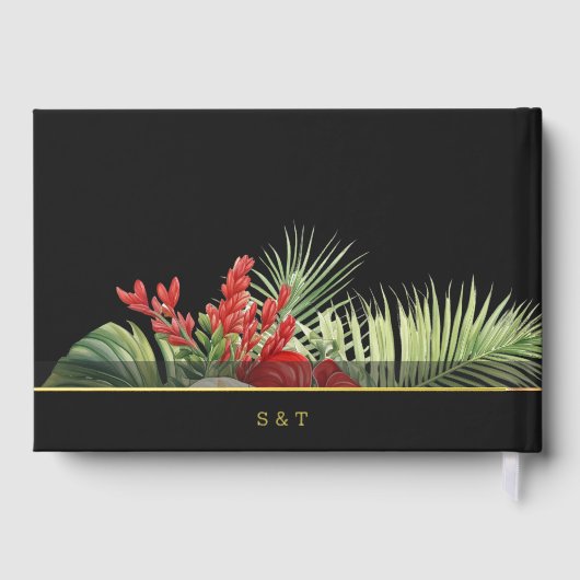Tropische bloem en bladeren donkere bruiloft gastenboek (Achterkant)