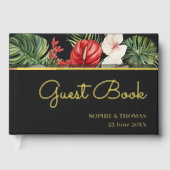 Tropische bloem en bladeren donkere bruiloft gastenboek (Voorkant)