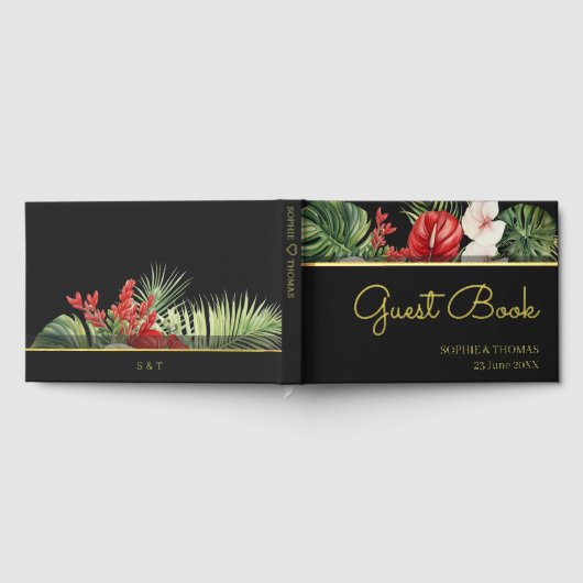 Tropische bloem en bladeren donkere bruiloft gastenboek (Volledig)