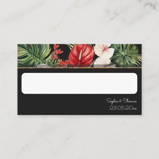 Tropische bloem en bladeren donkere bruiloft plaatskaartje (Voorkant)