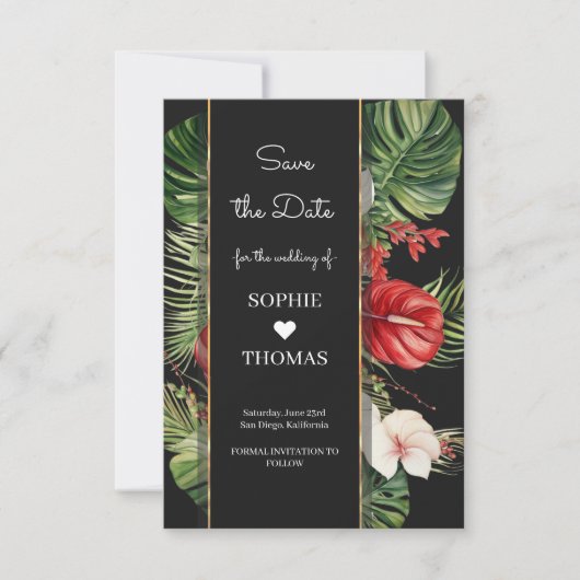 Tropische bloem en bladeren donkere bruiloft save the date (Voorkant)