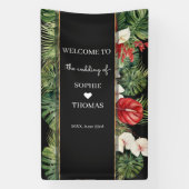Tropische bloem en bladeren donkere bruiloft spandoek (Verticaal)