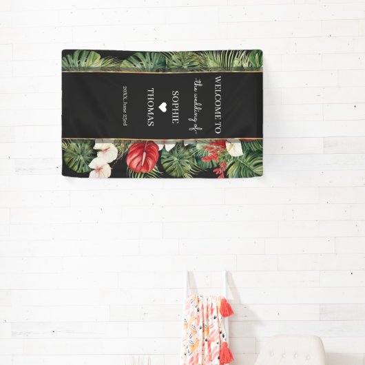 Tropische bloem en bladeren donkere bruiloft spandoek (Insitu)