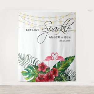 Tropische Bloem Flamingo's Slingerlichten Bruiloft Wandkleed