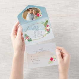 Tropische Bloem Foto Strand Bruiloft All In One Uitnodiging