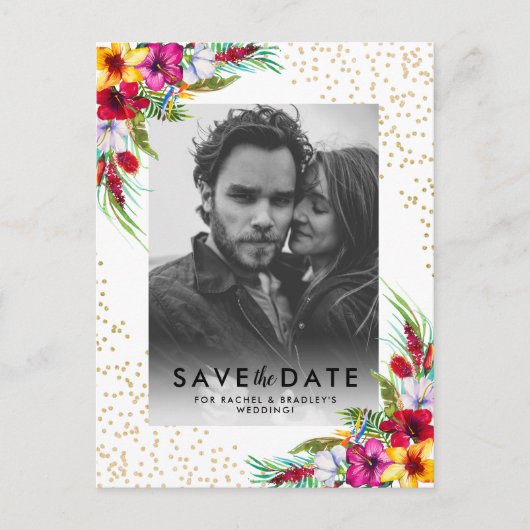 Tropische Bloem Gouden Foto Bruiloft Sla de Datum Uitnodiging Briefkaart (Voorkant)