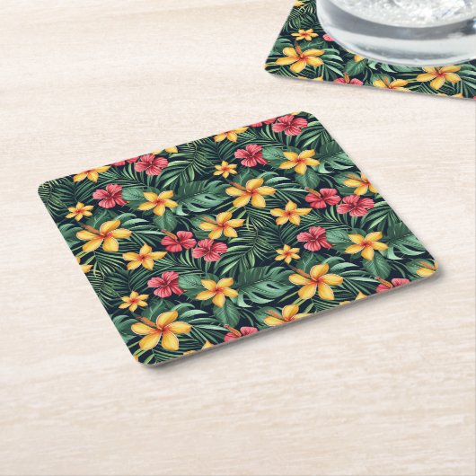 Tropische Bloem Hibiscus Naadloos Patroon Kartonnen Onderzetters (Schuin)