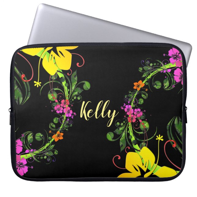 Tropische bloem hibiscus zwart roze geel groen laptop sleeve (Voorkant)