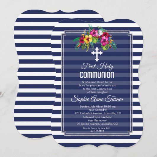 Tropische bloem Luau Navy Eerste Heilige Communie Kaart (Voorkant / Achterkant)