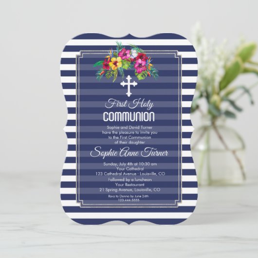 Tropische bloem Luau Navy Eerste Heilige Communie Kaart (Staand voorkant)