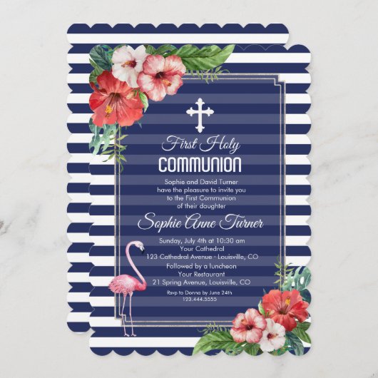 Tropische bloem Luau Navy Eerste Heilige Communie Kaart (Voorkant / Achterkant)