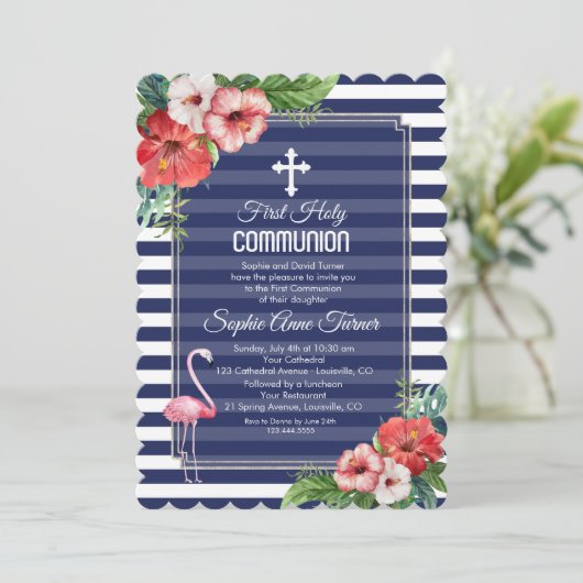 Tropische bloem Luau Navy Eerste Heilige Communie Kaart (Staand voorkant)