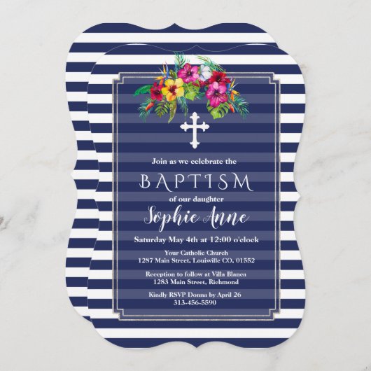 Tropische bloem Luau Navyblauw doop uitnodiging (Voorkant / Achterkant)