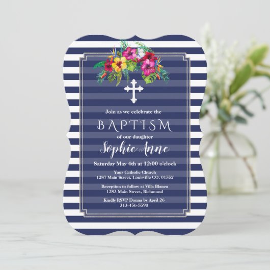 Tropische bloem Luau Navyblauw doop uitnodiging (Staand voorkant)