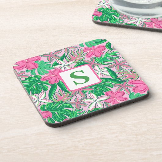Tropische Bloem Monogram Roze Wit Groen Preppy Bier Onderzetter (Linkerzijde)
