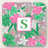 Tropische Bloem Monogram Roze Wit Groen Preppy Bier Onderzetter (Voorkant)