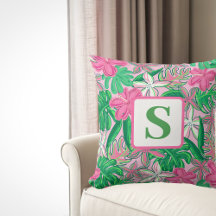 Tropische Bloem Monogram Roze Wit Groen Preppy