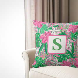 Tropische Bloem Monogram Roze Wit Groen Preppy Kussen