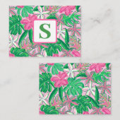 Tropische Bloem Monogram Roze Wit Groen Preppy Notitiekaartje (Voorkant / Achterkant)