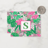 Tropische Bloem Monogram Roze Wit Groen Preppy Notitiekaartje (Voorkant / Achterkant in situ)