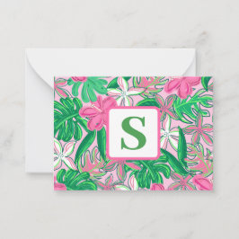 Tropische Bloem Monogram Roze Wit Groen Preppy Notitiekaartje