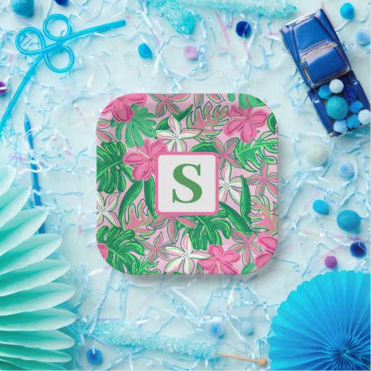 Tropische Bloem Monogram Roze Wit Groen Preppy Papieren Bordje (Feest)