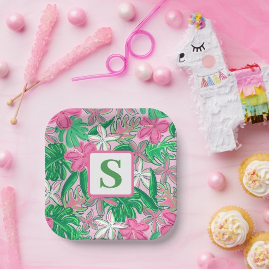 Tropische Bloem Monogram Roze Wit Groen Preppy Papieren Bordje (Feest)