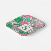 Tropische Bloem Monogram Roze Wit Groen Preppy Papieren Bordje (Gebogen)