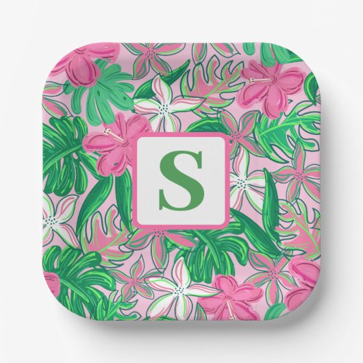 Tropische Bloem Monogram Roze Wit Groen Preppy Papieren Bordje (Voorkant)