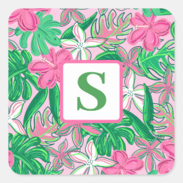 Tropische Bloem Monogram Roze Wit Groen Preppy Vierkante Sticker