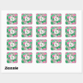 Tropische Bloem Monogram Roze Wit Groen Preppy Vierkante Sticker (Vel)