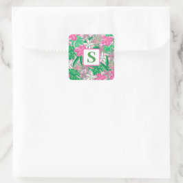 Tropische Bloem Monogram Roze Wit Groen Preppy Vierkante Sticker