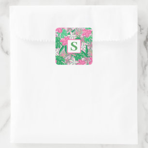 Tropische Bloem Monogram Roze Wit Groen Preppy Vierkante Sticker