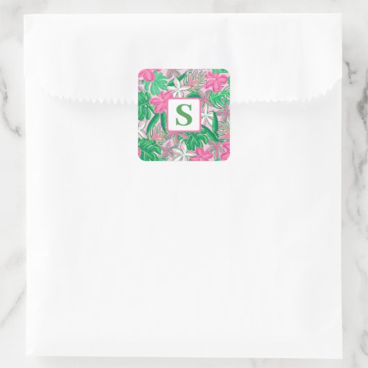 Tropische Bloem Monogram Roze Wit Groen Preppy Vierkante Sticker (Tas)