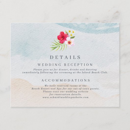 Tropische Bloem Strand Bruiloft Details Informatiekaartje (Voorkant)