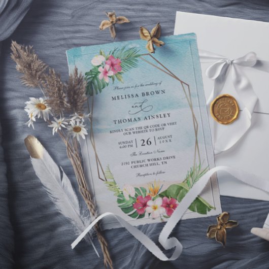 Tropische Bloem Strand Elegante QR Code Bruiloft Kaart