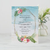 Tropische Bloem Strand Elegante QR Code Bruiloft Kaart (Staand voorkant)