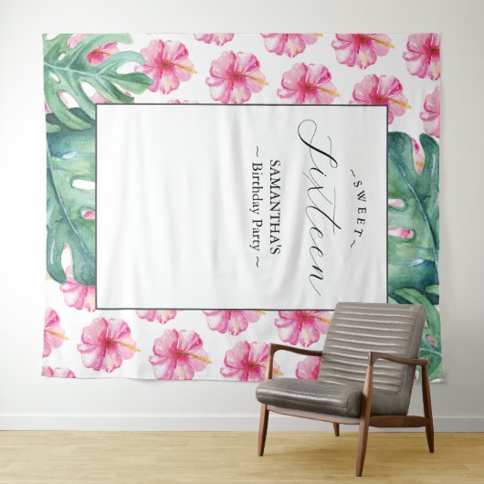 Tropische Bloem Sweet 16 Verjaardag Party Achtergr Wandkleed (In Situ (horizontaal))