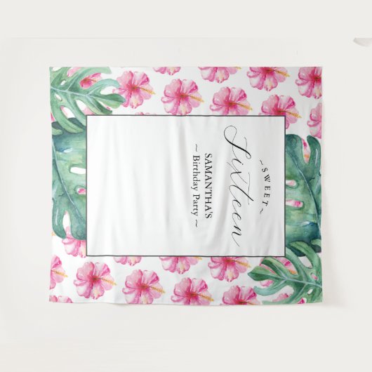 Tropische Bloem Sweet 16 Verjaardag Party Achtergr Wandkleed (Voorkant (horizontaal))