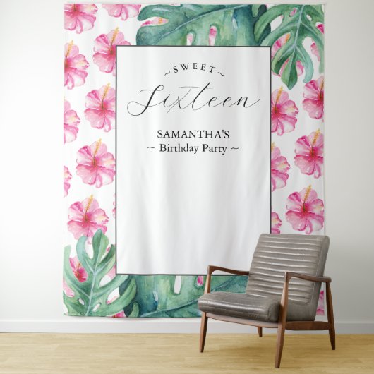 Tropische Bloem Sweet 16 Verjaardag Party Achtergr Wandkleed (In situ)