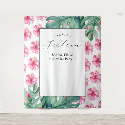 Tropische Bloem Sweet 16 Verjaardag Party Achtergr Wandkleed (Voorkant)