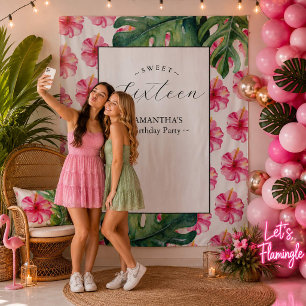 Tropische Bloem Sweet 16 Verjaardagsfeest Achtergr Wandkleed