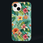 Tropische bloem telefoon Case-Mate iPhone 14 hoesje<br><div class="desc">Dit ontwerp omvat weelderige groene palmbladeren en felle,  kleurrijke hibiscusbloemen in tinten rood,  oranje,  geel en roze,  tegen een verfrissende turquoise achtergrond.</div>