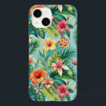 Tropische bloem telefoon Case-Mate iPhone 14 hoesje<br><div class="desc">Dit ontwerp omvat weelderige groene palmbladeren en felle,  kleurrijke hibiscusbloemen in tinten rood,  oranje,  geel en roze,  tegen een verfrissende turquoise achtergrond.</div>