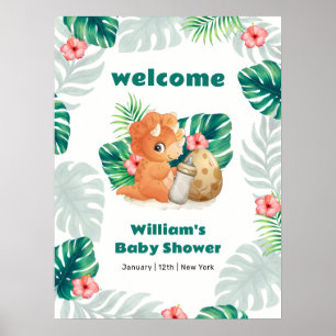 Tropische Bloem Uitbroedende Dino Baby Shower Welk Poster
