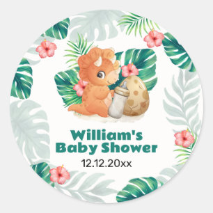 Tropische Bloem Uitbroedende Dinosaur Baby Shower Ronde Sticker