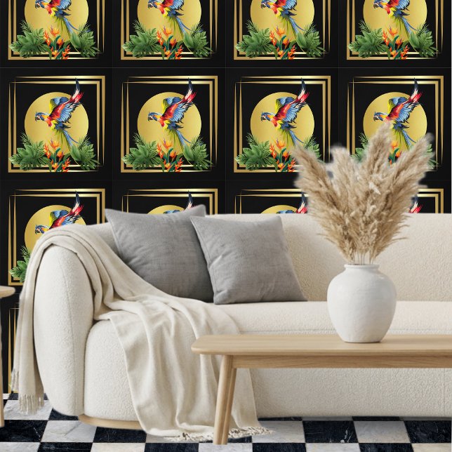 Tropische Bloem Vogel Zwart Goud Behang (Creator heeft geüpload)