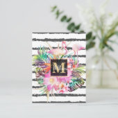 tropische bloembladeren en flamingos strepen briefkaart (Staand voorkant)